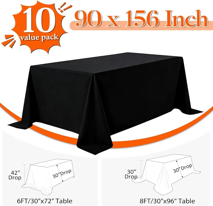 10 Pack Black Tablecloths 90x156 Inch Black Table Cloth for 8 Foot Rectangle Tables, Wrinkle Resistant Rectangular Tablecloth Washable Polyester Fabric Table Covers for Party Banquet Wedding Buffet