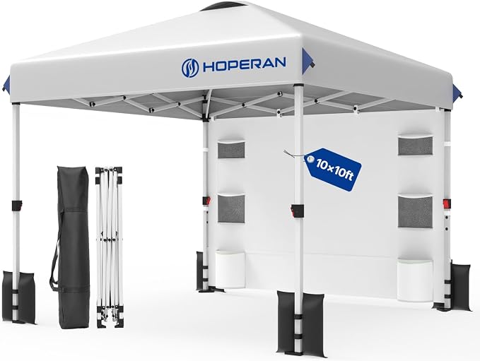 10x10 FT Pop Up Canopy Outdoor Tent with 1 Sidewall and 6 Pockets, 1-Button Push Easy Set Up, 3-Height Adjustable Beach Shade, Heavy Duty Sun Shelter for Vendor Events Camping Party Outdoor Activities