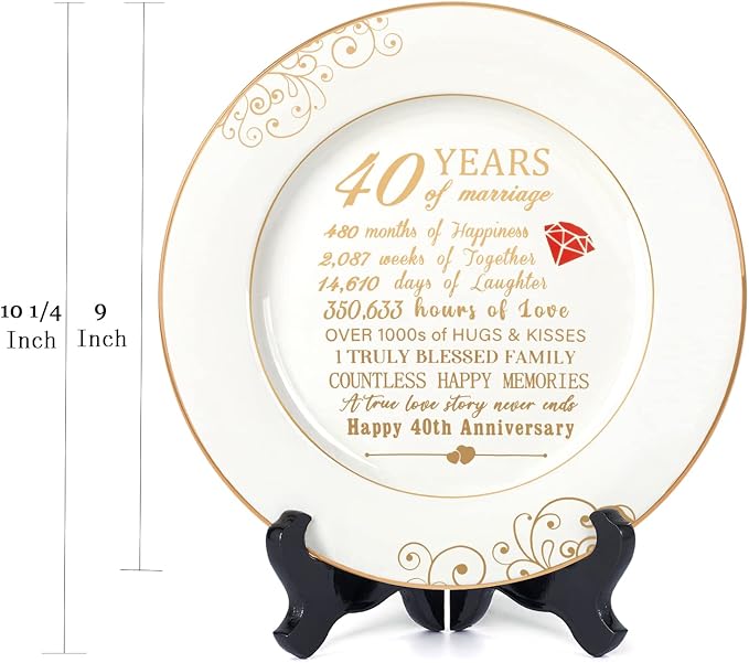 Urllinz 40th Anniversary Wedding Gifts for Wife - 40 Year Anniversaty Plate with 24k Gold Foil, Happy Decorations for Couple Parents Him Her Husband, Ceramic 9"