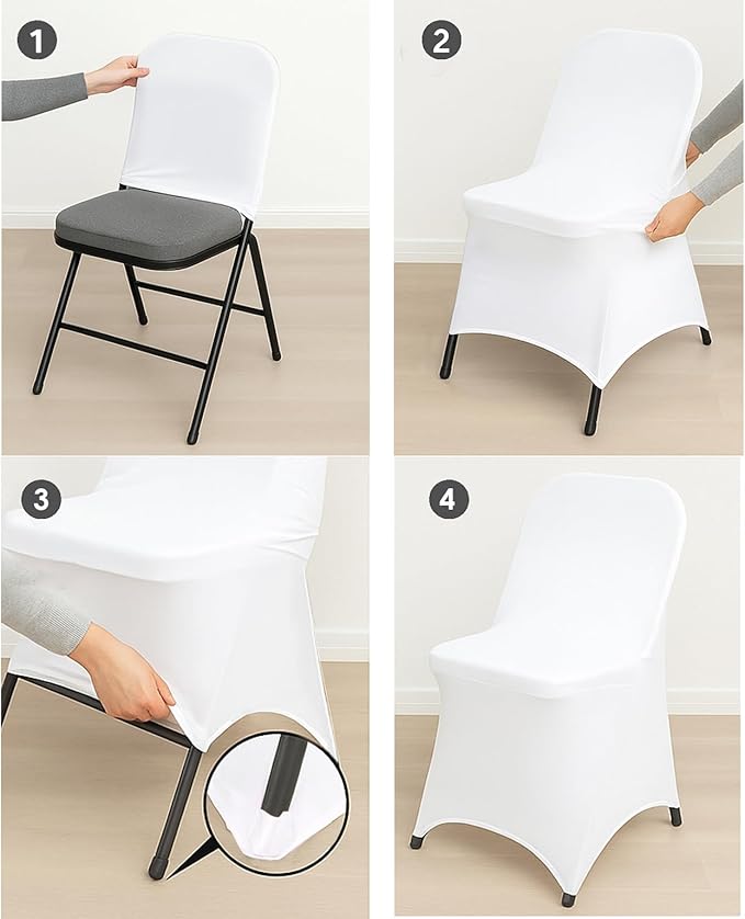 Craft And Party 100 Pack White Spandex Folding Chair Covers, Stretch Polyester Slipcovers for Wedding, Party & Dining Chairs – Flat Front Design, Universal Fit