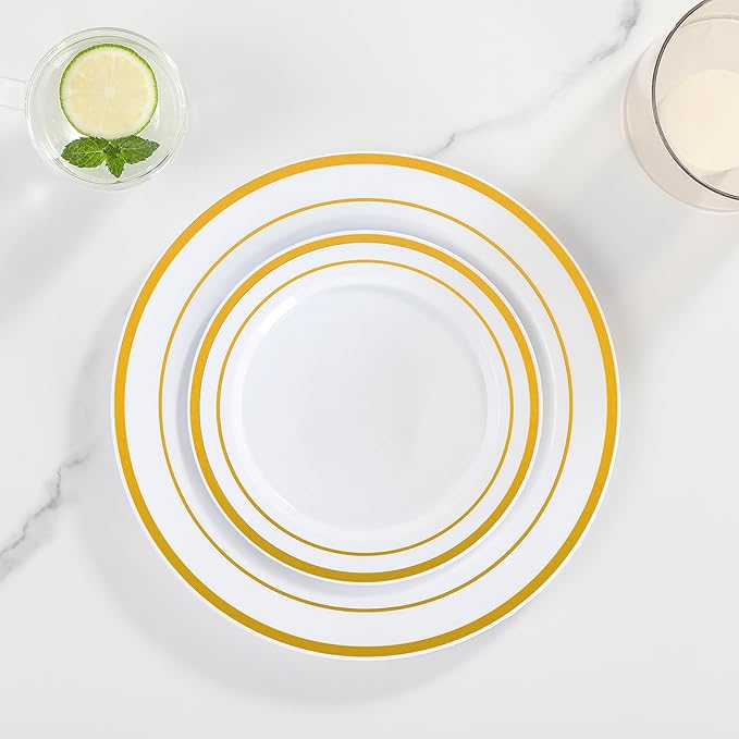 AOZITA 200PCS Gold Plastic Plates Set, Heavy Duty Disposable Plates for Party & Wedding, Includes 100 Dinner Plates and 100 Dessert Salad Plates, Elegant White with Gold Rim Dinnerware