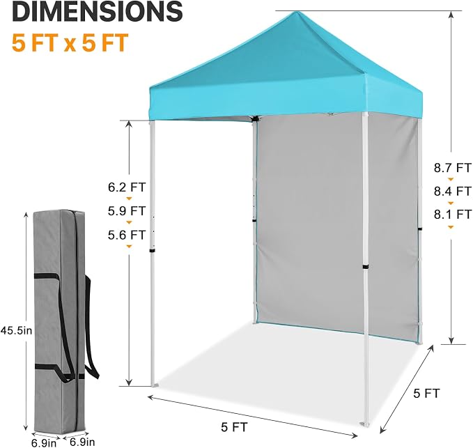 COOS BAY 5x5 Pop Up Canopy Tent with Side Wall, Easy Setup Portable Sun Shelter with Carry Bag, Outdoor Shade for Beach, Camping, Sports & Backyard, Light Blue
