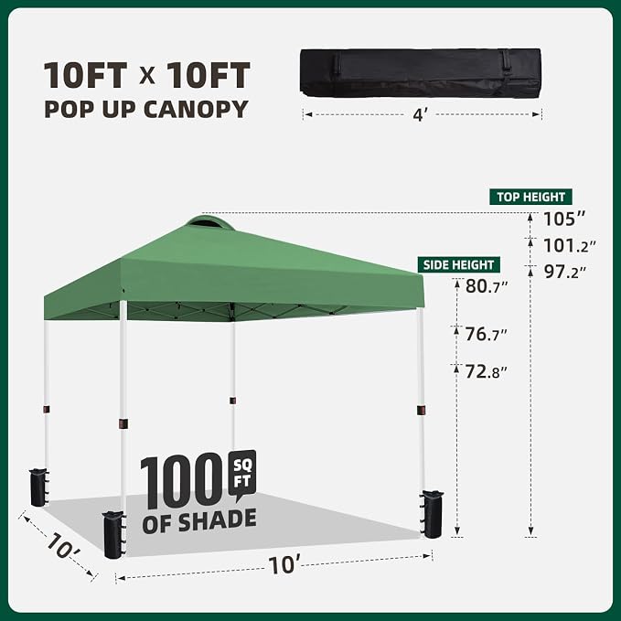 10x10 Pop Up Canopy Tent, One Push Center Lock Instant Setup Folding Shelter, High Strength Steel Frame and Handheld Carry Bag, Ground Stakes and Wind Ropes for Camping, Parties, Green