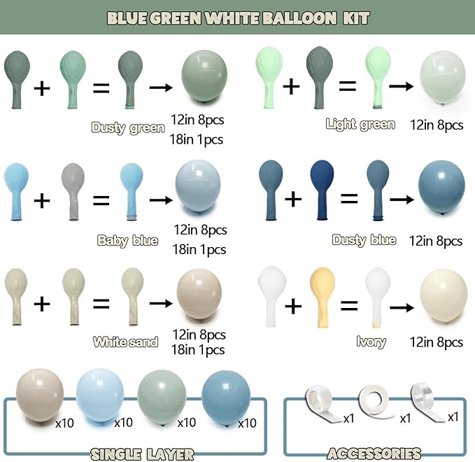 Dusty Blue Green Balloon Arch Kit Double Stuffed Pastel Light Sage Green Blue White Sand Beige Balloon Garland for Birthday Baby Shower Dinosaur Wedding Easter Jungle Wild One Party Decoration