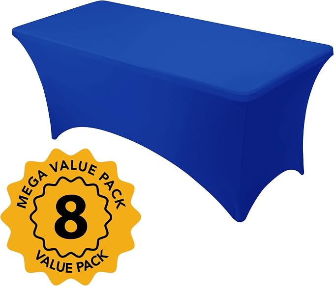 6-Pack Premium Royal Blue Spandex Tablecloths for 8ft Rectangle Tables, Stain & Wrinkle-Resistant, Washable Stretch Polyester Fitted Table Cover for Weddings, Banquets, Trade Shows Events