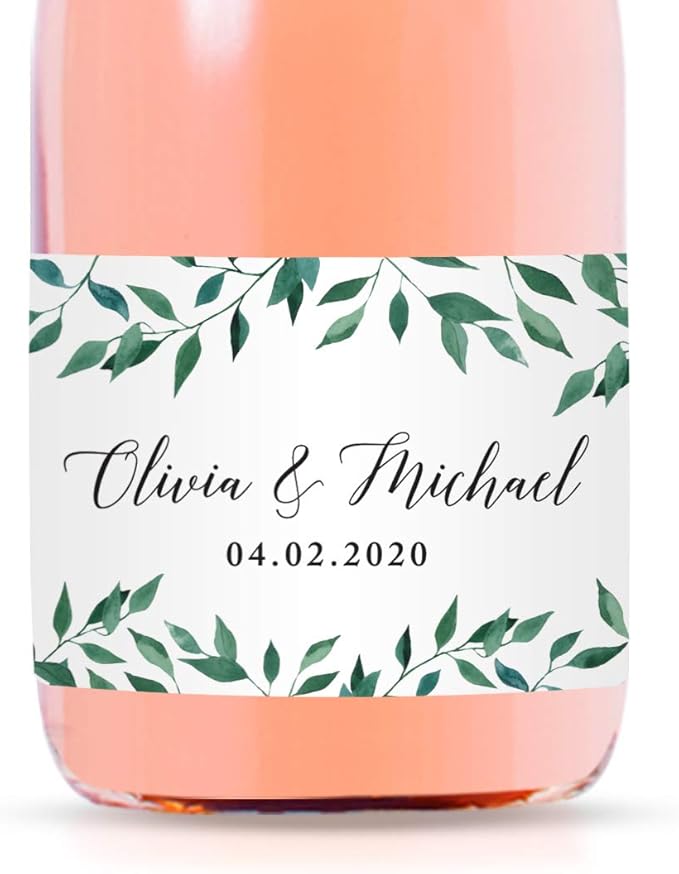 Andaz Press Personalized Wedding Mini Wine Labels - Greenery Green Leaves 20-Pack Bulk Waterproof Mini Wine Bottle Labels for Champagne Bottles