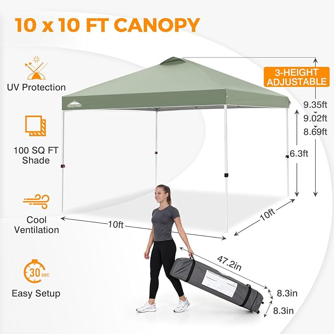 EAGLE PEAK Pop Up Canopy Tent with Wheeled Carry Bag, 8 Stakes, 4 Ropes, 4 Weight Bags, Easy Set Up Tent Canopy, 10x10 ft, 100sqft of Shade, Sage Green