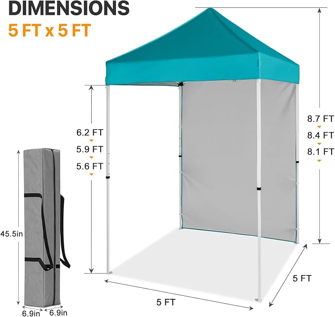 COOS BAY 5x5 Pop Up Canopy Tent with Side Wall, Easy Setup Portable Sun Shelter with Carry Bag, Outdoor Shade for Beach, Camping, Sports & Backyard, Turquoise