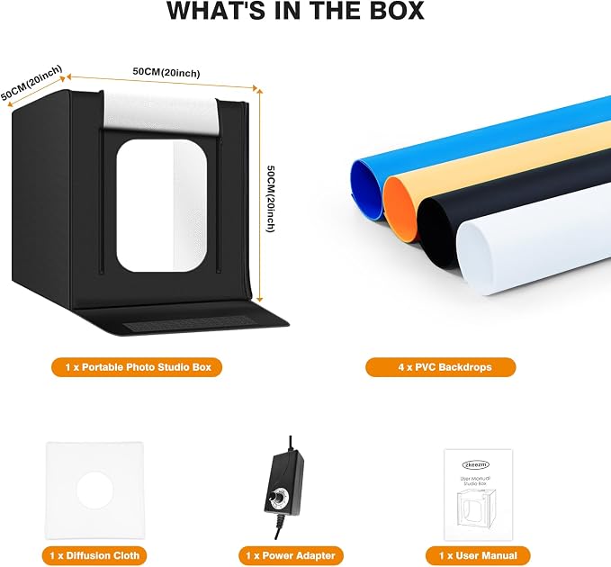Light Box Photography 20"x20" with 80LED Lights and 4 Color Backdrops Photo Box with Lights, Foldable Light Box with Adjustable Brightness, 6000-6500K Dimmable Portable Picture Box Shooting