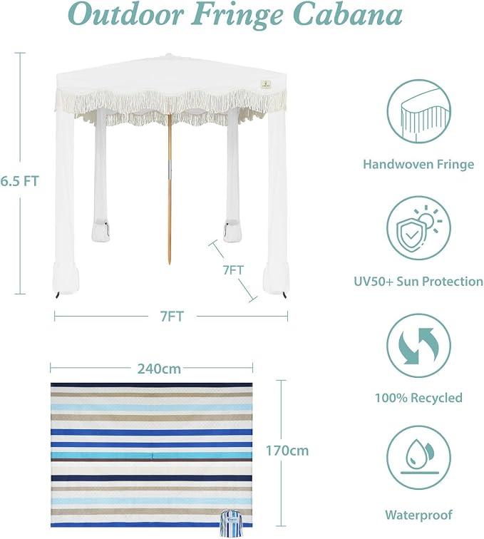 AMMSUN Beach Cabana with Blanket, 7' x 7' Boho Canopy with Tassels, Premium Wood Pole, Fringe Cabana Tent with Sand Pockets, Instant Sun Shade for Sand, Garden, Outdoor, Elegant White