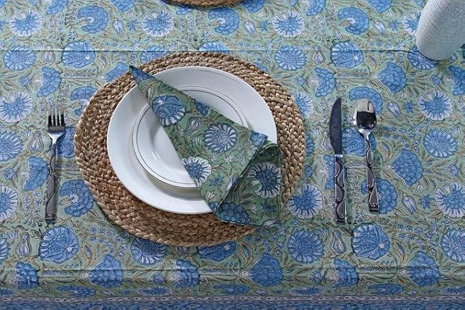 Ridhi Asparagus Green Gadd Hand Block Print Cotton Rectangle Tablecloth 160" x 72" inches Reusable Table Cover Decorative Everyday Use for Dining Room, Farmhouse, Home Gift for Spring, Mother's Day