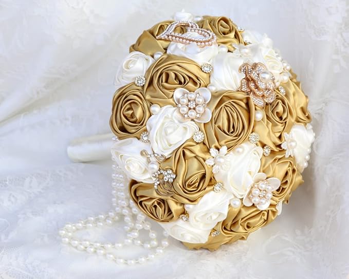 Ivory and Gold Bridal Wedding Bouquet with Rhinestone Brooch Pearl String Cascade Bouquet for Bride Bridesmaid Quinceanera Satin Rose Flower Bouquet Wedding Ivory and Gold 9.8in