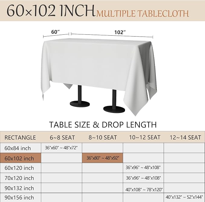 60x102 Table Cloth - 8 Pack Rectangular White Washable Stain and Wrinkle Resistant Polyester Table Cover for Dining Tables, Various Parties and Camping (White)