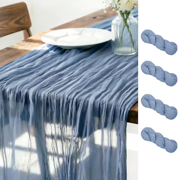 LINXTAR Dusty Blue Cheesecloth Table Runner 4 Pack 160 Inches 14Ft Gauze Summer Boho Table Runner for Wedding Tea Party Baby Shower Bridal Birthday Home Decoration