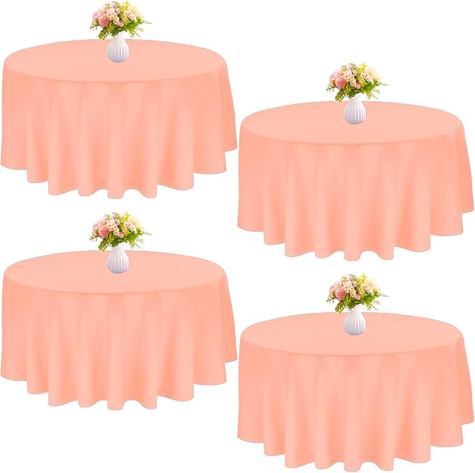 4 Pack 90 Inch Round Tablecloth Polyester Washable Table Covers for Wedding Dining Table Buffet Parties Banquet Decor（Peach Coral）
