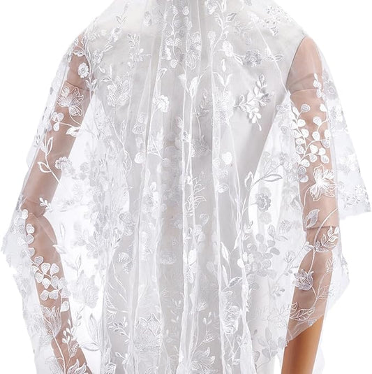 MAYJOYDIY 1 Yard 59 Inch Width White Flower Mesh Lace Fabric Floral Leaves Embroidered Lace Trim Fabrics Elegant Wedding Accessories Tulle for DIY Wedding Dresses Half Skirt Dress Curtains