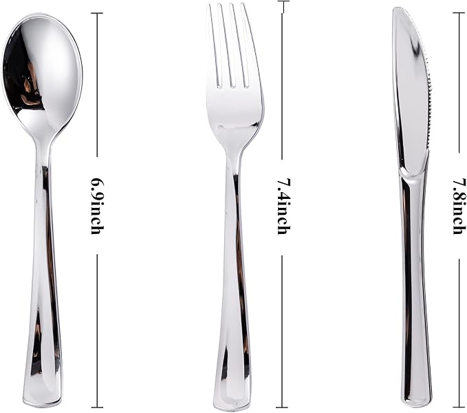 N9R 300PCS Silver Plastic Silverware Set, 100 Forks, 100 Spoons, 100 Knives, Heavy Duty Disposable Cutlery for Parties, Fancy Disposable Flatware for Weddings, and Daily Use