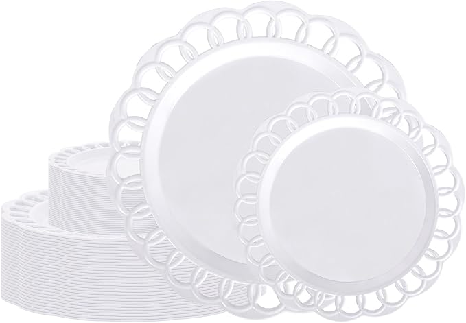 COLOSUS 60pcs White Plastic Plates Set,Fany White Baroque Plates for 30 guest.Elegant Lace Rim Design Disposable Plate include 30 Dinner plates and 30 Dessert plates for Party,Halloween,New Year
