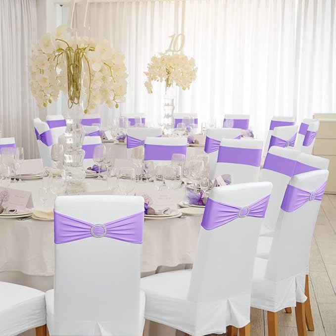 Spandex Chair Sashes Bows - Babenest 100PCS Premium Stretch Chair Cover Band with Buckle Slider Universal Elastic Chair Ties for Wedding Party Ceremony Reception Banquet Decoration (Purple)