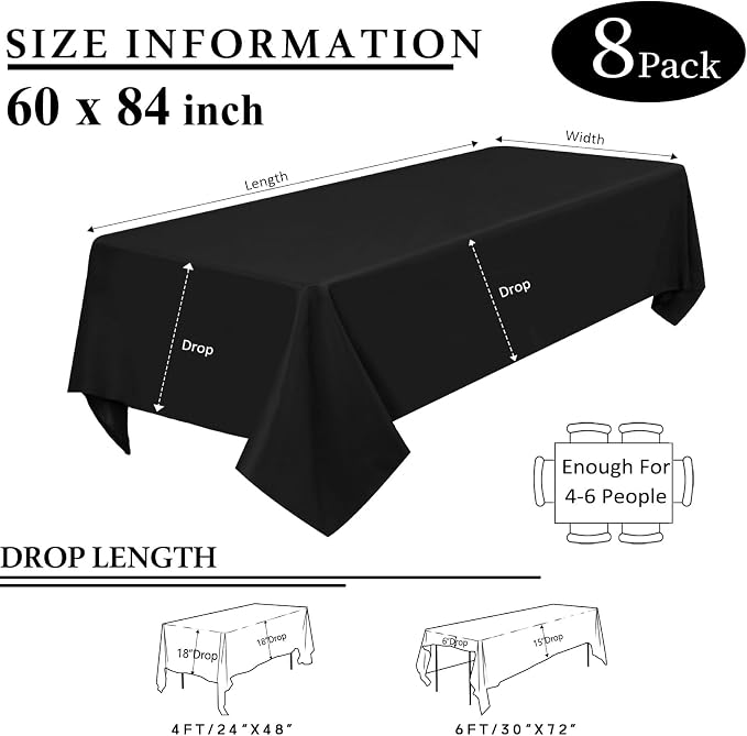 8 Packs Black Tablecloths 60x84 Inch Fabric Rectangular Table Cloths For 4 Foot Rectangle Tables, Wrinkle Resistant Polyester Tablecloth Washable Table Cloth Rectangle Table For Wedding Party Banquet