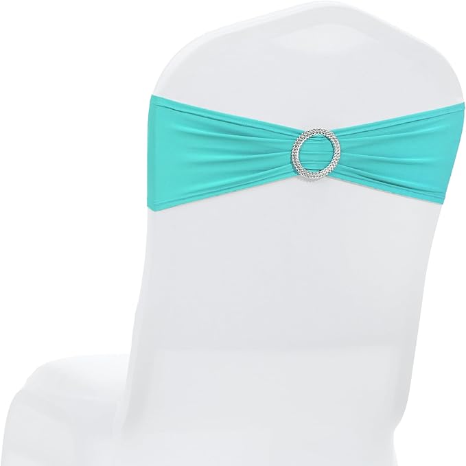 MDS Pack of 50 Spandex Chair Sashes Bow Premium Stretch Chair Cover Band with Buckle Slider Universal fits Elastic Dining Chair Ties for Wedding Party Banquet Events Decoration - Aqua Blue