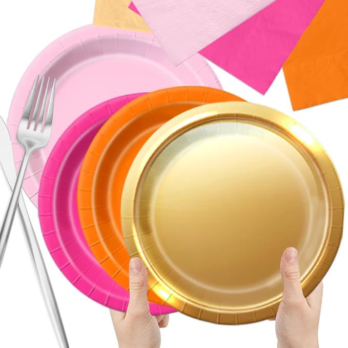 CMUSKO Pink and Orange Party Decorations - 60Pcs Sunset Tropical Plates and Napkins Pink Pumpkin Halloween Tableware for Birthday,Baby Shower, Bachelorette Party