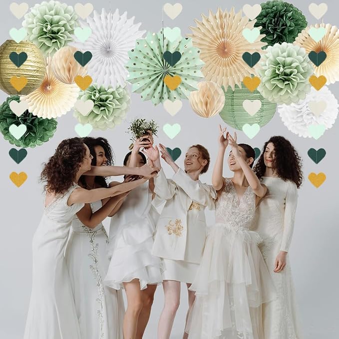 Sage Green Party Decorations Sage Green White Gold Party Decorations Paper Pom Poms Paper Fans Lanterns Sage Beige Gold Love Heart Garland for Birthday Baby Shower Wedding Bridal Shower Party Decor