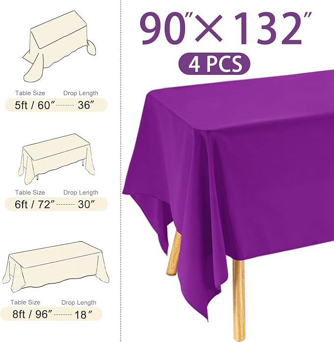 4 Pack Rectangle Tablecloth 90x132Inch Purple Rectangle Tables Washable Polyester Table Cover for Wedding Dining Table Buffet Parties Banquet Decoration（Purple）