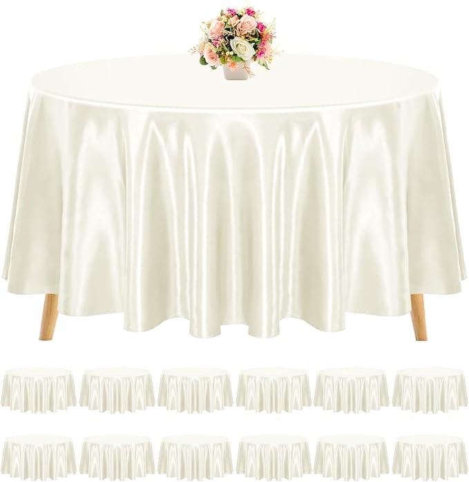 12 Pack Ivory Satin Tablecloth, 108 Inch Round Silky Satin Table Cloth, Bright Silk Tablecloth Smooth Fabric Table Covers Overlay Silky Tables Decoration for Wedding Party Banquet Birthday