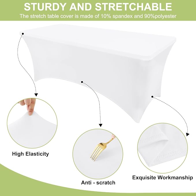 Moosfor Spandex Elastic Fitted 6FT Rectangle Tablecloth 6 Pack, Stretch Washable Reusable Table Cover for Outdoor Picnic, Dining, Wedding, Banquet & Party Events (White, 72Lx30Wx30H Inch)