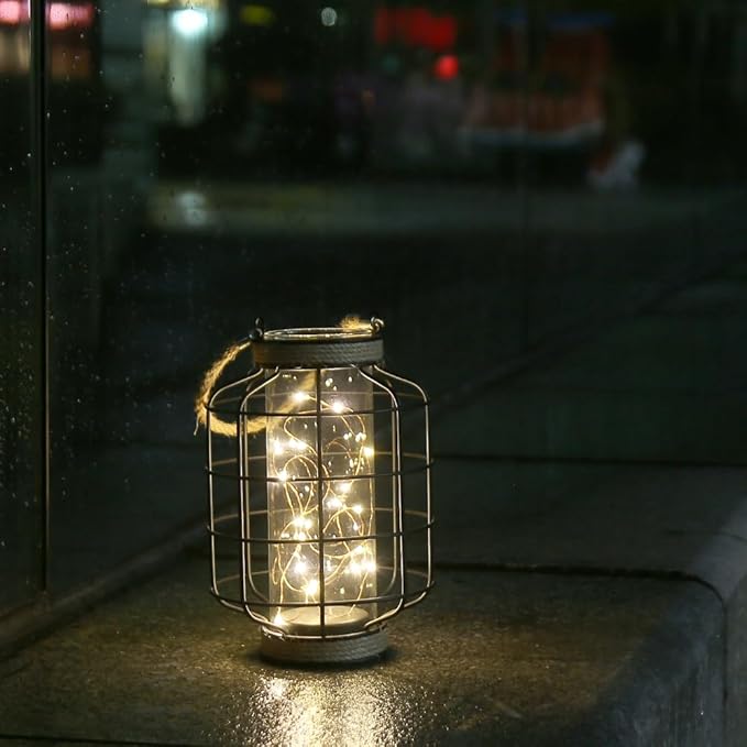 JHY DESIGN Metal Cage LED Lantern Battery Powered,9.4" Tall Cordless Accent Light with 20pcs Fairy Lights Great for Weddings Parties Patio Events Indoors Outdoors.