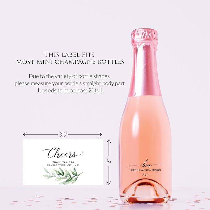 Cheers - 12 Greenery Mini Champagne Bottle Labels, Waterproof Polyester Mini Wine Bottle Labels, Green Watercolor Leaves Design for Wedding, Bridal Shower, Baby Shower, Birthday Party All Events