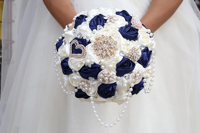 Bridal Wedding Bouquet with Rhinestone Brooch Pearl String Cascade Bouquet for Bride Bridesmaid Quinceanera Satin Rose Flower Bouquet Wedding Navy Blue and Ivory 8.7in