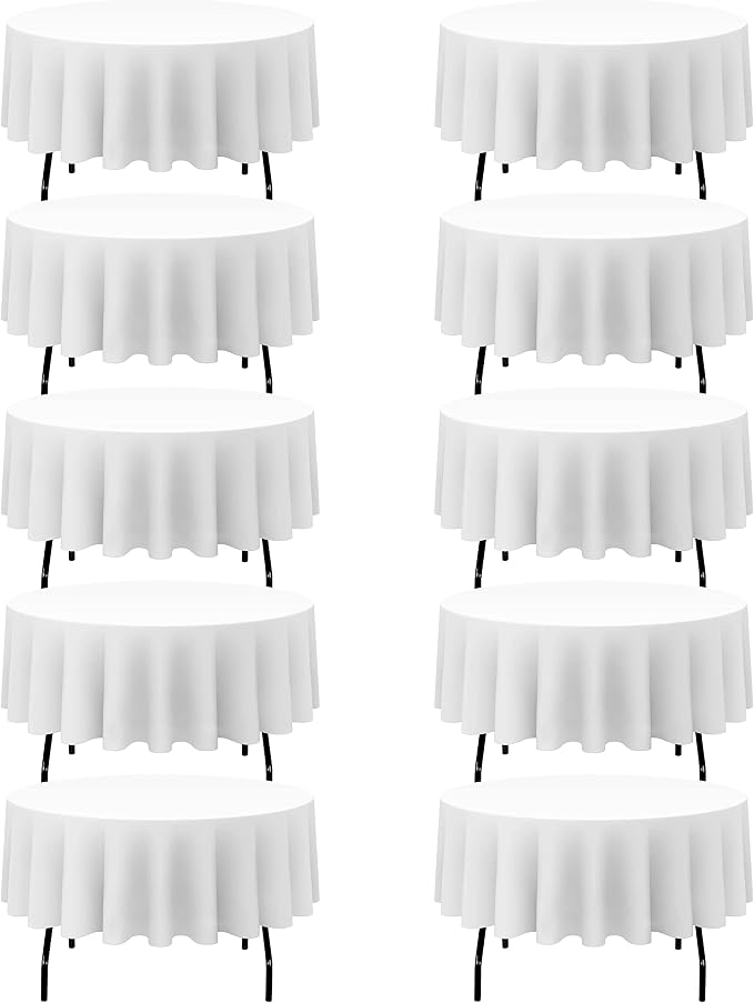 BRILLMAX 10 Pack White Round Tablecloths 90 Inch for 60” Tables - 150 GSM Polyester Fabric, 15" Standard Drop, Water, Stain & Wrinkle Resistant Cloth Cover for Wedding Reception Banquet Dining