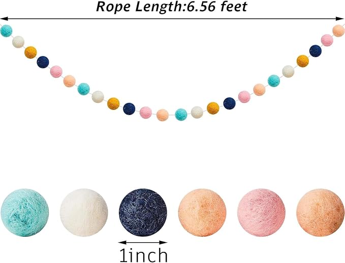 WILLBOND 2 Pieces Wool Felt Rainbow Ball Garland Colorful Pom Pom 6.5 ft Long 24 Ball Garland for Easter Mardi Gras Classroom Halloween Thanksgiving Xmas (Classic Colors)