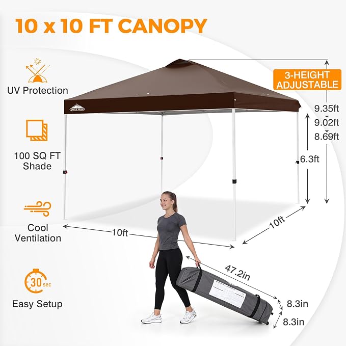 EAGLE PEAK Pop Up Canopy Tent with Wheeled Carry Bag, 8 Stakes, 4 Ropes, 4 Weight Bags, Easy Set Up Tent Canopy, 10x10 ft, 100sqft of Shade, Brown