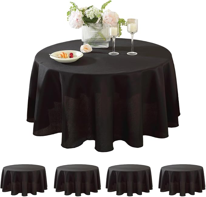 5 Pack Round Tablecloth 108 Inch Black Tablecloth, Polyester Fabric Washable Table Cloth for Home, Party, Wedding or Restaurant Use.