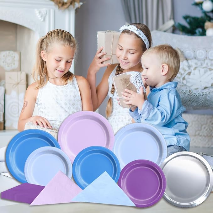 CMUSKO Winter Wonderland Decorations - 60Pcs Blue Purple Snowflake Plates & Napkins Set Winter Wonderland Tableware for Birthday Christmas New Year