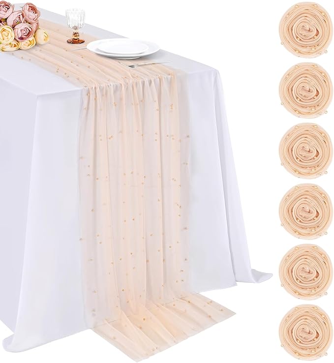 6 Pieces Pearl Tulle Table Runner: 10ft Tulle Table Runners Champagne Fabric for Wedding Chiffon Arch Bridal Veil Baby Shower Sweetheart Table Decor 29x120 Inch