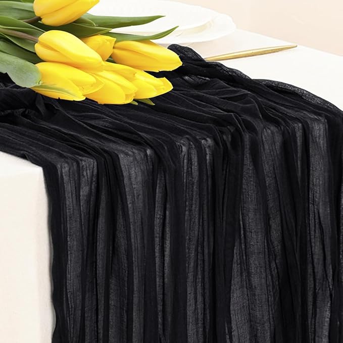 MDS Pack of 25 Cheesecloth Table Runner 35x170 Inch, 14FT Long Gauze Cheese Cloth Table Runner for Wedding Party Birthday Bridal Shower Farmhouse Garden Boho Rustic Table Decoration - Black