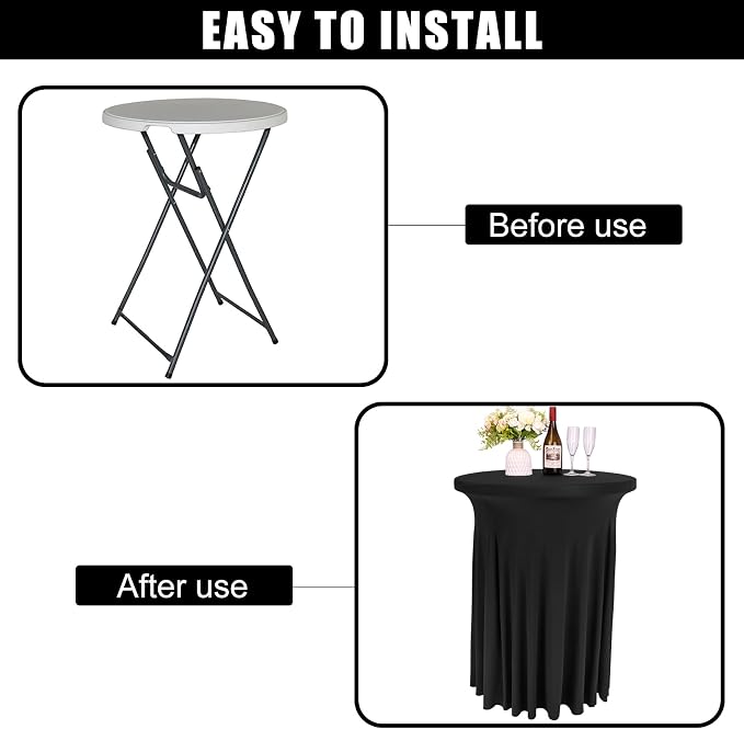 Fivenl 6 Pack Round Cocktail Tablecloth 32"x 43" Spandex Cocktail Table Skirt, Washable Stretch Fitted Table Covers for High Top Bar,Wedding,Party,Events (Black)