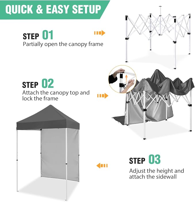 5x5 Pop Up Canopy Tent with One Sidewall, Instant Portable Beach Canopy, Outdoor Tent with Carry Bag for Camping, Sports, Tailgating, Events, Gray