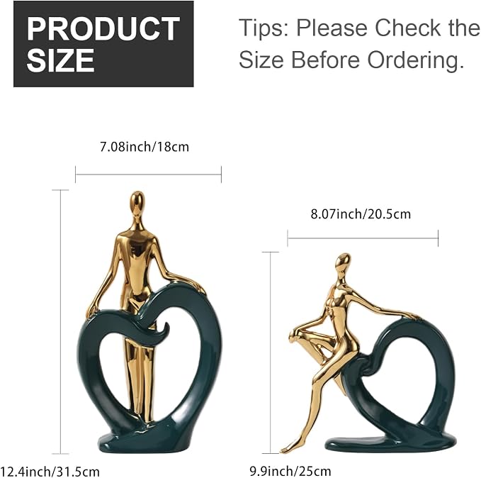 Ceramic Statues Aesthetic Abstract Couple and Heart Sculpture Modern Home Decor Decorative Statue for Living Room Bedroom Bookshelf Table Centerpiece Office (Green and Gold)