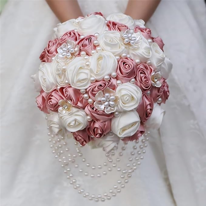 Pink Wedding Bouquet with Brooch Pearl String Cascade Bouquet for Bride Bridesmaid Quinceanera Artificial Satin Rose Flower Bridal Bouquet Wedding Blush Pink and Ivory 7.5in