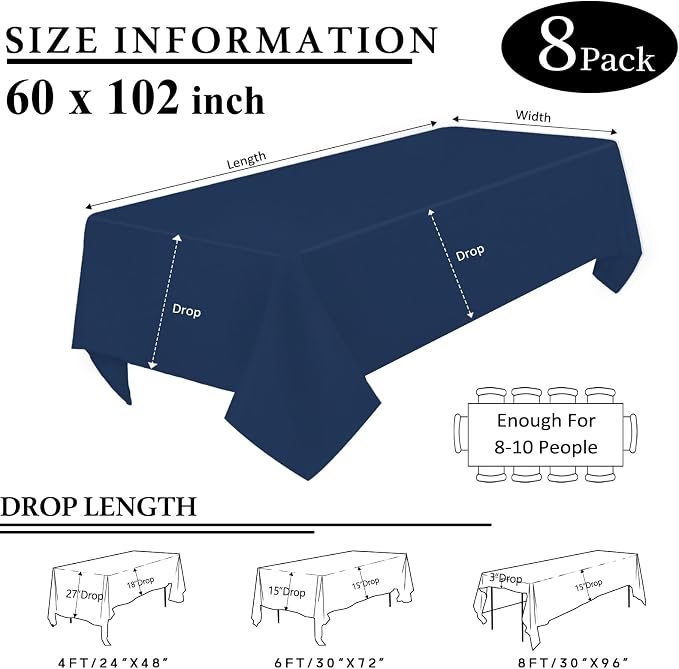 8 Packs Navy Blue Tablecloth Rectangle 60x102 Inch Rectangular Table Cloth For 6 Foot Rectangle Tables, Wrinkle Resistant Polyester Fabric Tablecloth Washable Table Cover For Wedding Party Decor