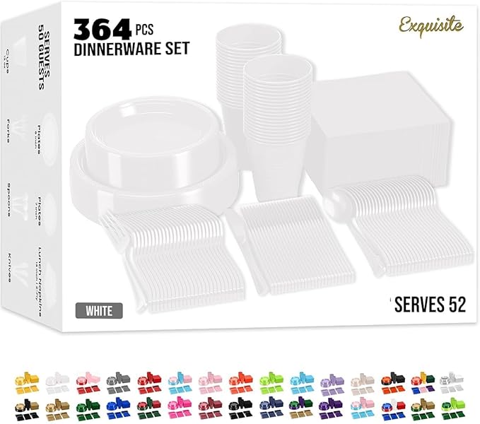 Party Solids 350 Pieces White Plastic Plates For Party, White Disposable Plates Set, 50 Of Each 9" Dinner Plate Set, 7" Dessert Plate, Cups, Napkins & Cutlery Plastic Dinnerware Set