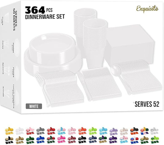 Party Solids 350 Pieces White Plastic Plates For Party, White Disposable Plates Set, 50 Of Each 9" Dinner Plate Set, 7" Dessert Plate, Cups, Napkins & Cutlery Plastic Dinnerware Set