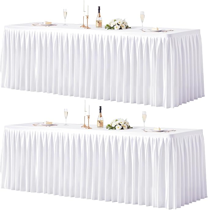 2 Packs White Satin Tablecloths Rectangle 8FT, Glitter Spandex Fitted Stretch Table Covers Wrinkle-Free Floor Length Shimmer Table Skirt for Weddings Parties Baby Shower Banquets Vendor Events