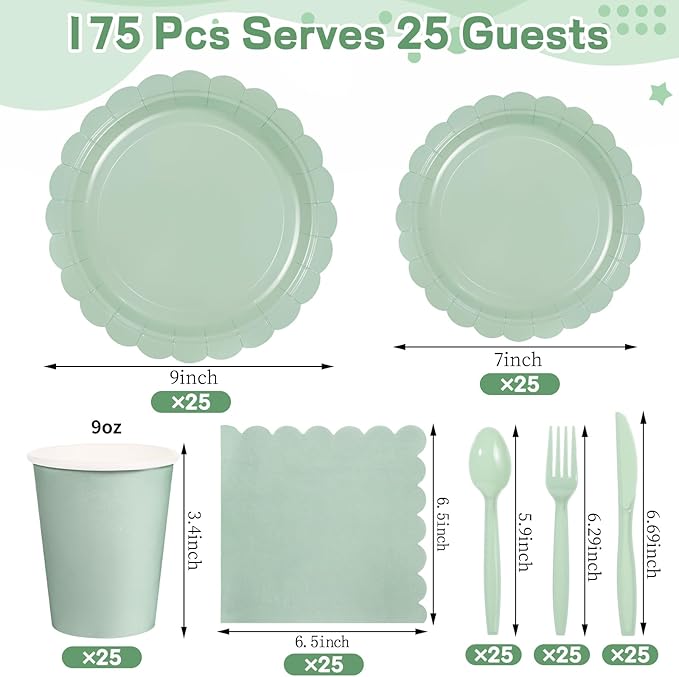 175 Pcs Party Plates and Cups and Napkins Sets, 9" Paper Plates, 7" Dessert Plate, 9oz Cups & Cutlery, 25 Guest Scalloped Sage Green Party Supplies for Wedding, Bridal Baby Shower, Birthday | 175 Pcs Sage Green Party Decor Include 9" Paper Plates, 7" D...