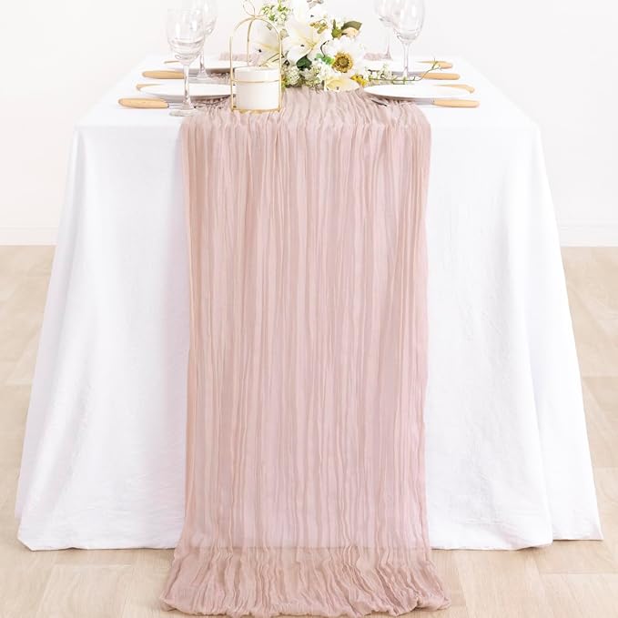 MLMC 2 Pack Pink Table Runner Boho Cheesecloth Table Runner 10ft Rustic Dusty Pink Gauze Cheese Cloth Centerpiece Decor 35x120 Inches for Wedding Bridal Shower Birthday Party